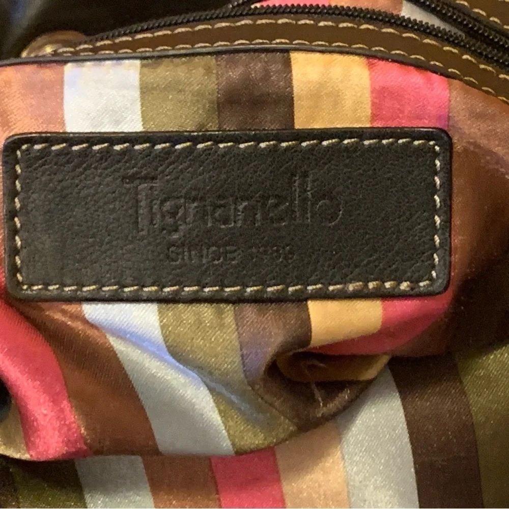 Tignanello Shoulder Bag Black Leather Purse Multi color stripe lining
